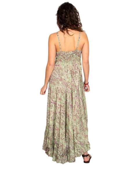 Long green silk dress with a V-neck – Boho elegance from India