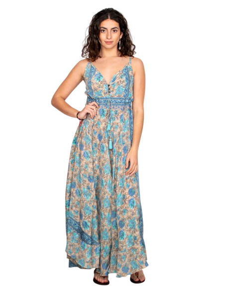Vestido longo boho de seda com decote em V – inspiração indiana para dias especiais