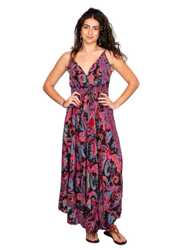 Vestido longo com estampa paisley e decote em V...