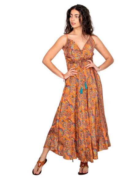 Vestido longo de estilo étnico com decote em V e estampa paisley – Laranja