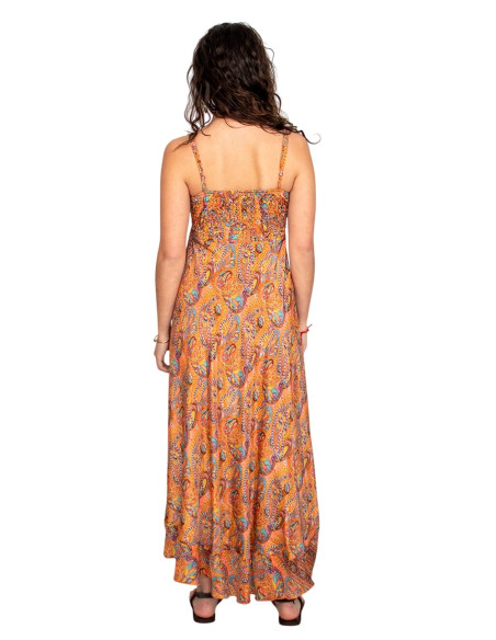 Robe longue style ethnique à col V et imprimé cachemire – Orange
