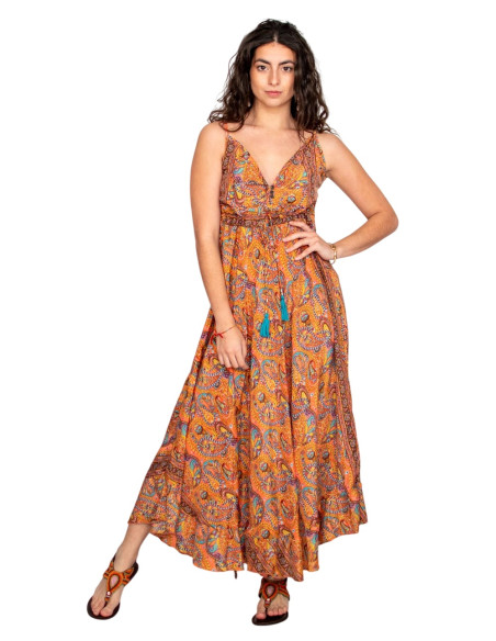 Abito lungo in stile etnico con scollo a V e stampa paisley – Arancione