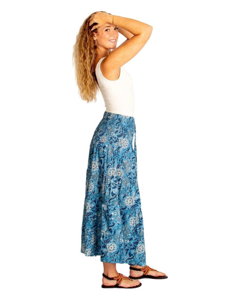Gonna lunga boho in cotone con stampa blu e azzurra – 100% fatta a mano