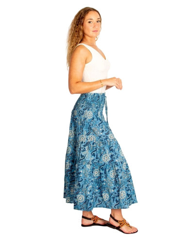 Gonna lunga boho in cotone con stampa blu e...