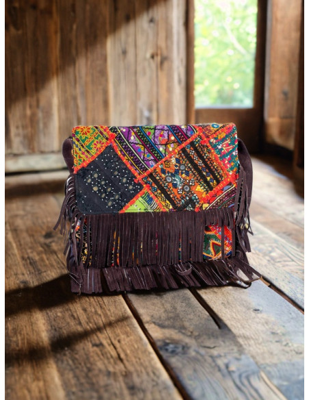 Handmade boho clutch with mirrors and fringes – Kimago