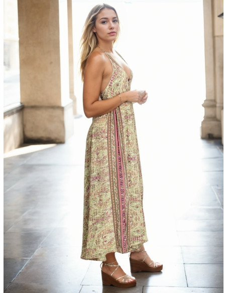 Kimago long dress in green silk – Boho and handmade