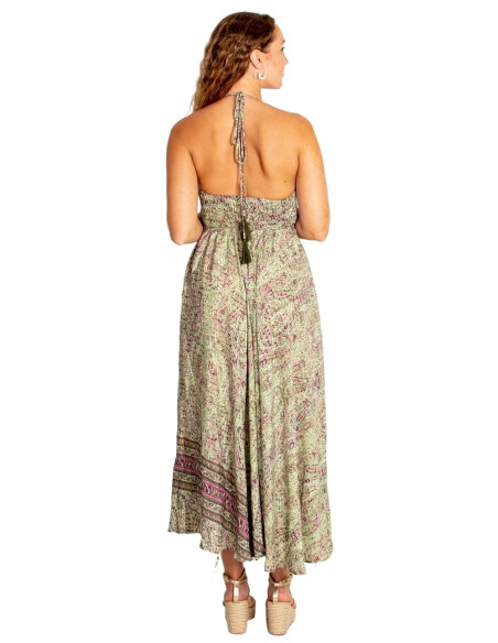 Vestido longo Kimago em seda verde – Boho e feito à mão