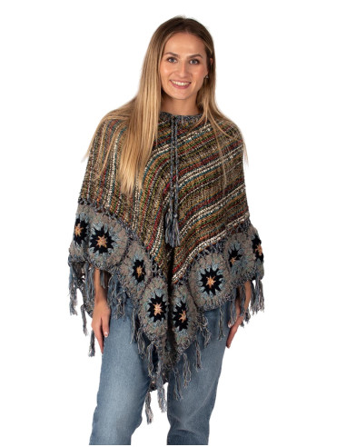 Poncho triangular feito à mão com franjas –...