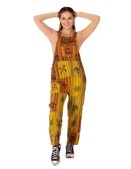 Unisex patchwork cotton jumpsuit – Yellow or dark shades