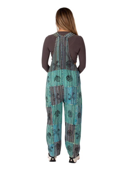 Unisex-Latzhose aus handgefertigtem Patchwork-Baumwollstoff – Grün oder Hellblau