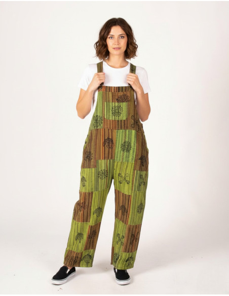 Unisex-Latzhose aus handgefertigtem Patchwork-Baumwollstoff – Grün oder Hellblau