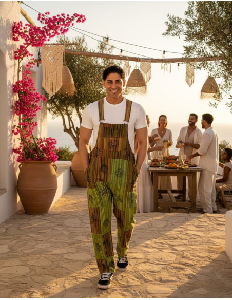 Jardineira unissex de algodão artesanal com patchwork – Verde, roxa ou vermelha