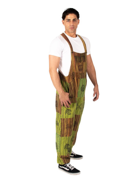 Jardineira unissex de algodão artesanal com patchwork – Verde, roxa ou vermelha