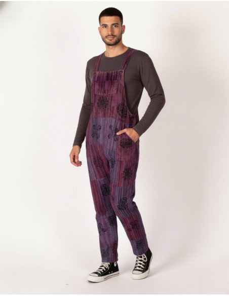 Jardineira unissex de algodão artesanal com patchwork – Verde, roxa ou vermelha