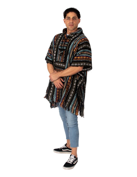 Poncho quadrato unisex fatto a mano con cappuccio e bottoni in legno