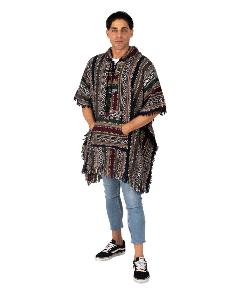 Poncho quadrato unisex fatto a mano con cappuccio e bottoni in legno