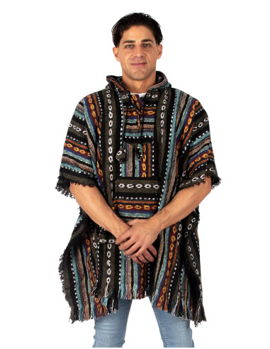 Handmade unisex square poncho with hood and...