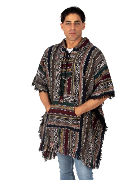 Poncho quadrato unisex fatto a mano con cappuccio e bottoni in legno