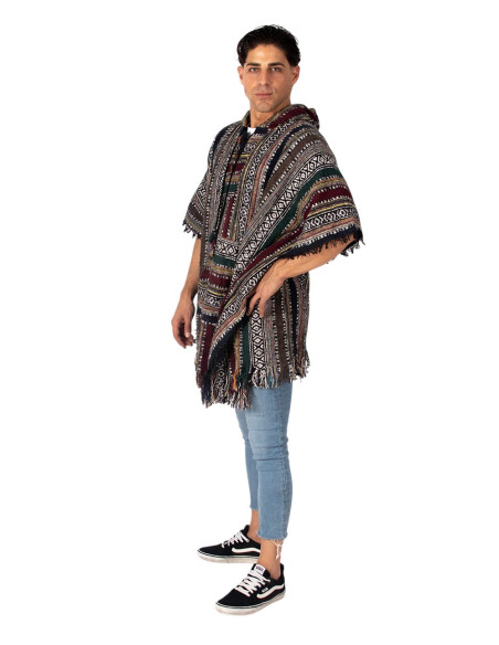 Poncho quadrado unissex feito à mão com capuz e botões de madeira.
