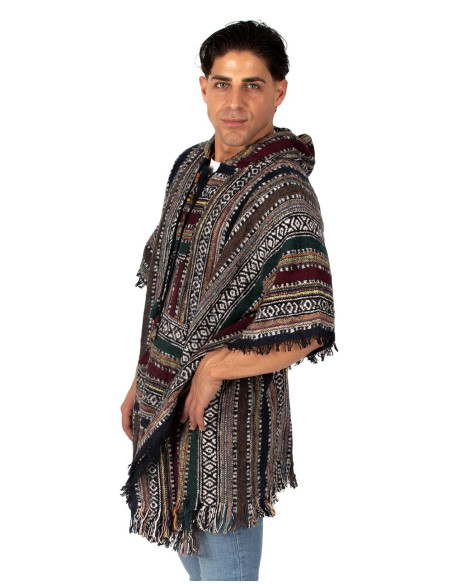 Poncho quadrato unisex fatto a mano con cappuccio e bottoni in legno