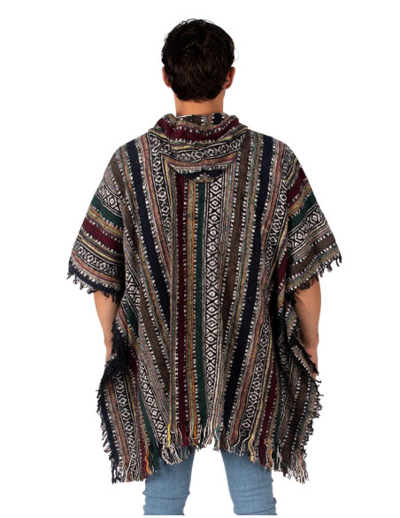 Handmade unisex square poncho with hood and wooden buttons