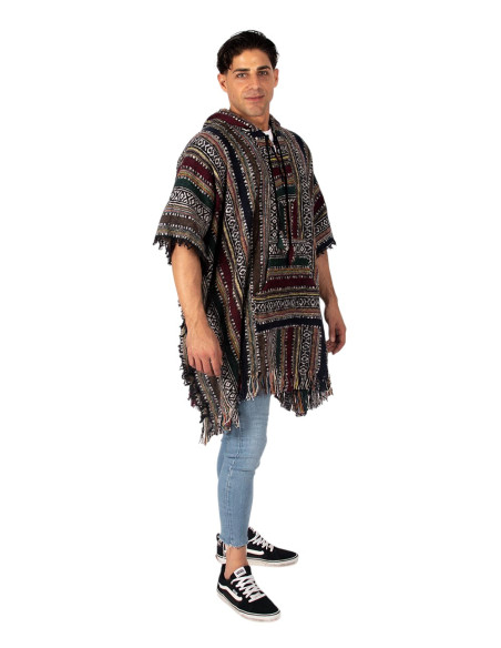 Poncho carré unisexe fait main avec capuche et boutons en bois