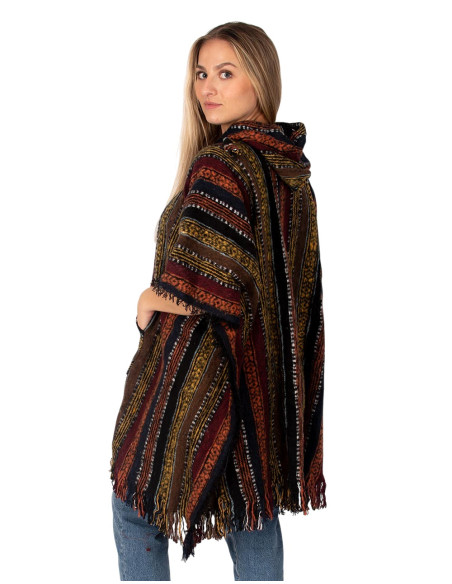 Unisex handmade poncho with hood and wooden details