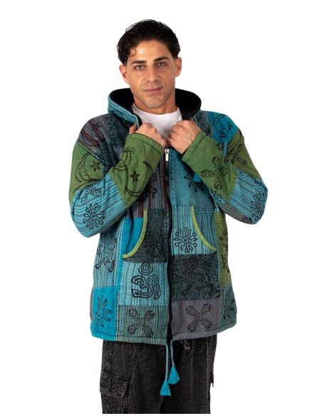 HSU0011 - Giacca patchwork unisex Kimago con fodera in pile e cappuccio fatto a mano