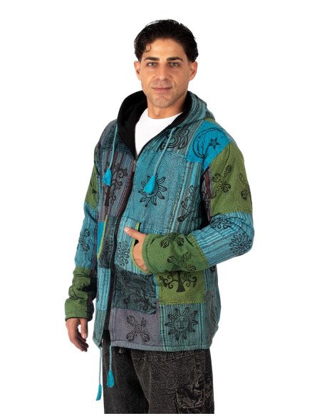 HSU0011 - Jaqueta Kimago Unissex Patchwork com Forro de Lã e Capuz Feito à Mão