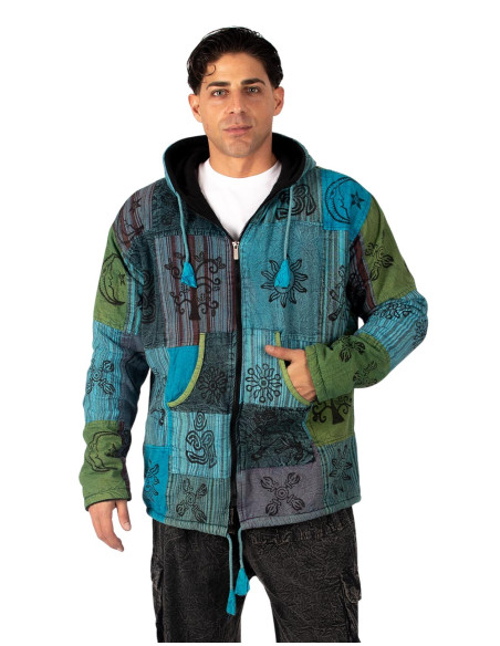 HSU0011 - Giacca patchwork unisex Kimago con fodera in pile e cappuccio fatto a mano