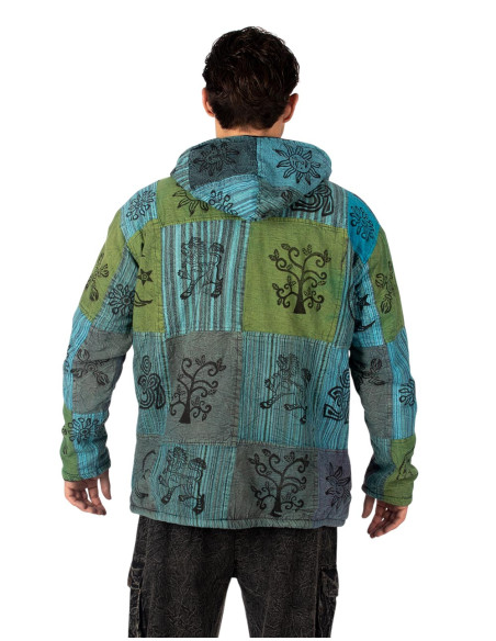 HSU0011 - Giacca patchwork unisex Kimago con fodera in pile e cappuccio fatto a mano