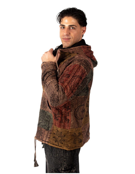 HSU0011 - Kimago Unisex Patchwork Jacket with Fleece Lining and Handmade Hood