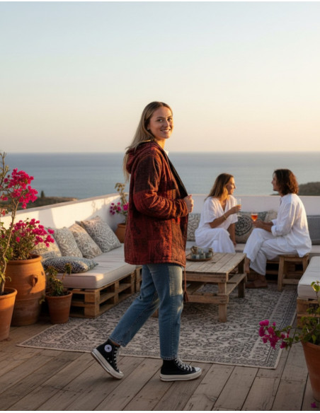 Unisex-Patchworkjacke im Ethno-Stil mit Fleecefutter und Kapuze