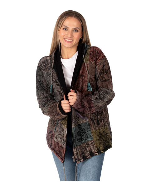 Unisex patchwork ethnic jacket with fleece lining and hood