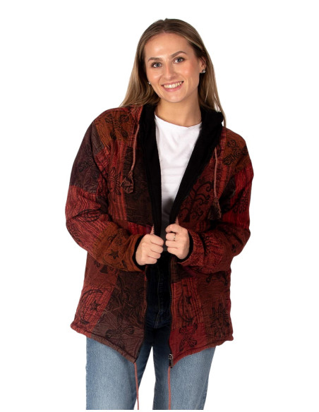 Unisex-Patchworkjacke im Ethno-Stil mit Fleecefutter und Kapuze