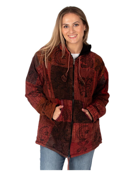 Unisex patchwork ethnic jacket with fleece lining and hood