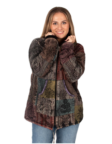 Unisex patchwork ethnic jacket with fleece lining and hood