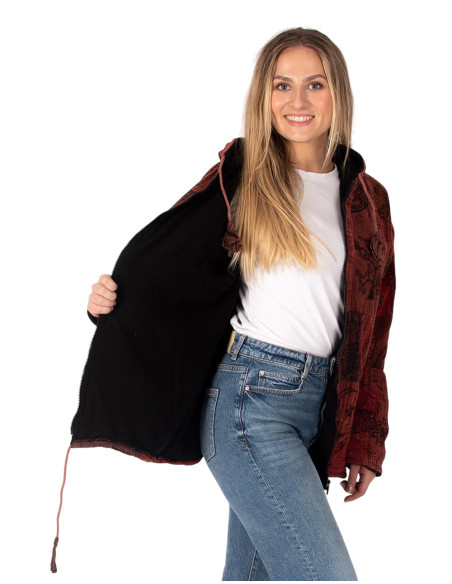 Giacca etnica patchwork unisex con fodera in pile e cappuccio