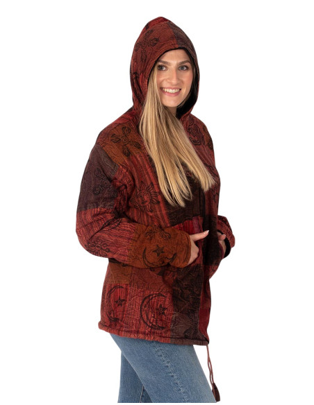 Veste ethnique patchwork unisexe avec doublure polaire et capuche