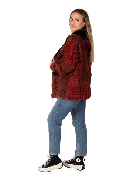Unisex patchwork ethnic jacket with fleece lining and hood