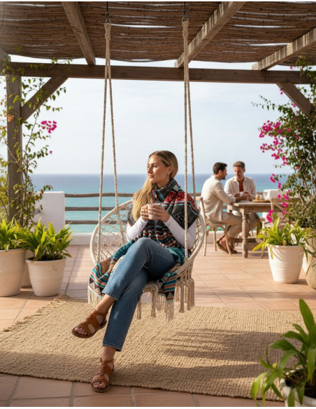 Châle en coton et laine fait main avec franges – Couleurs uniques et design polyvalent