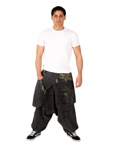 Pantalon afghan en coton gris avec détails verts et jupe ethnique