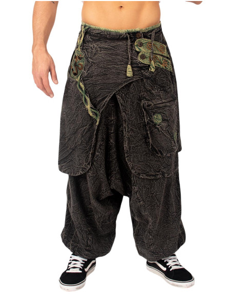 Pantalon afghan en coton gris avec détails verts et jupe ethnique