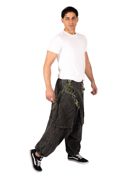 Graue afghanische Baumwollhose mit grünen Details und ethnischer Rock