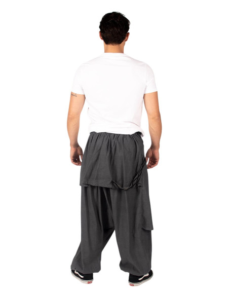 Pantalon afghan en coton gris à ourlet asymétrique et symbole Om