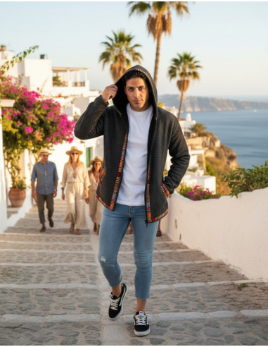 Giacca grigia con finiture rosse e fodera in pile