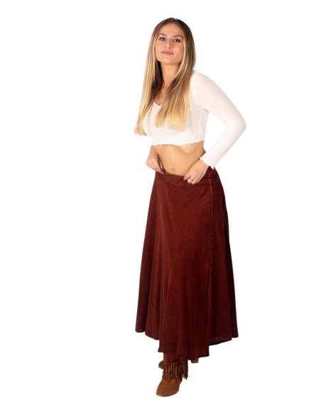Long wrap skirt in reddish-brown boho style, made of handmade cotton