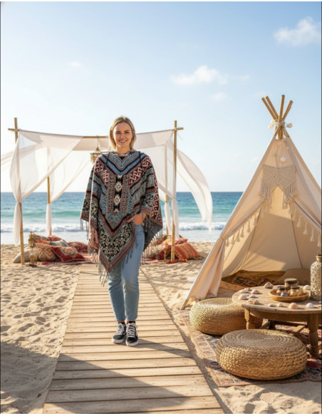 Unisex boho-style poncho with hood and fringe | Ethnic craftsmanship