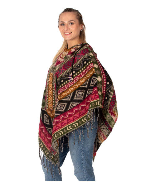 Poncho unisex in stile boho con cappuccio e frange | Artigianato etnico