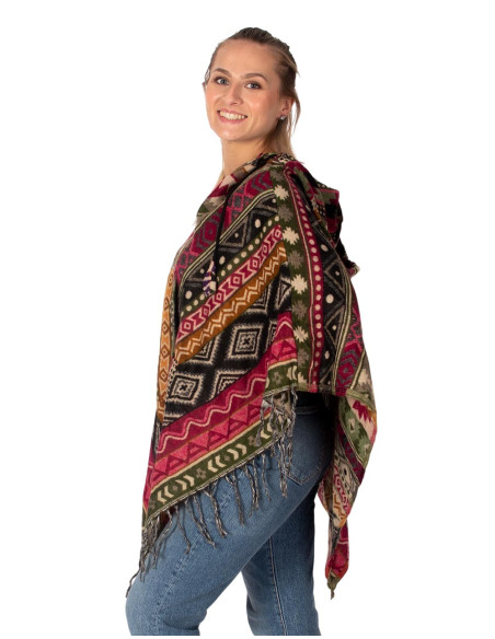 Unisex boho-style poncho with hood and fringe | Ethnic craftsmanship